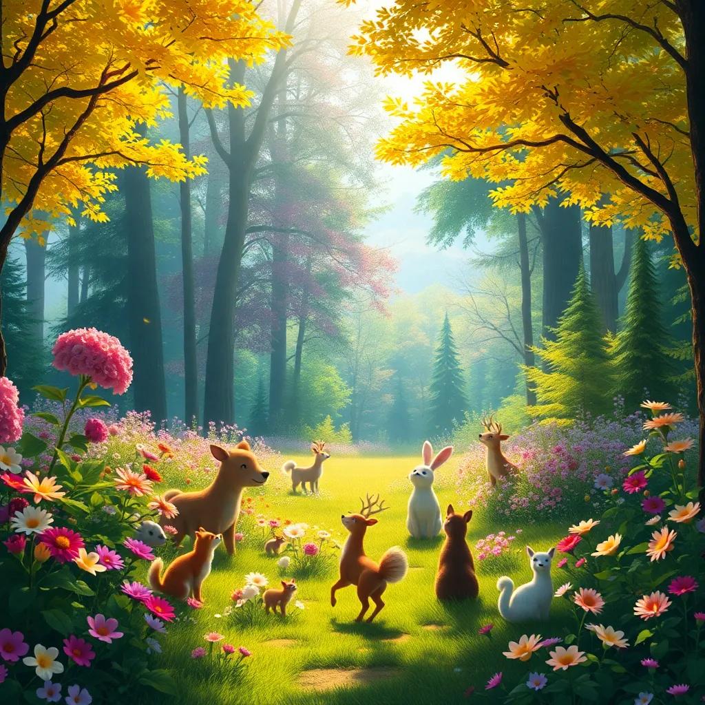 A grand view of the forest returning to color, flowers blooming, animals rejoicing together, bright sunlight filtering through the trees, heartwarming, joyful, uplifting scene