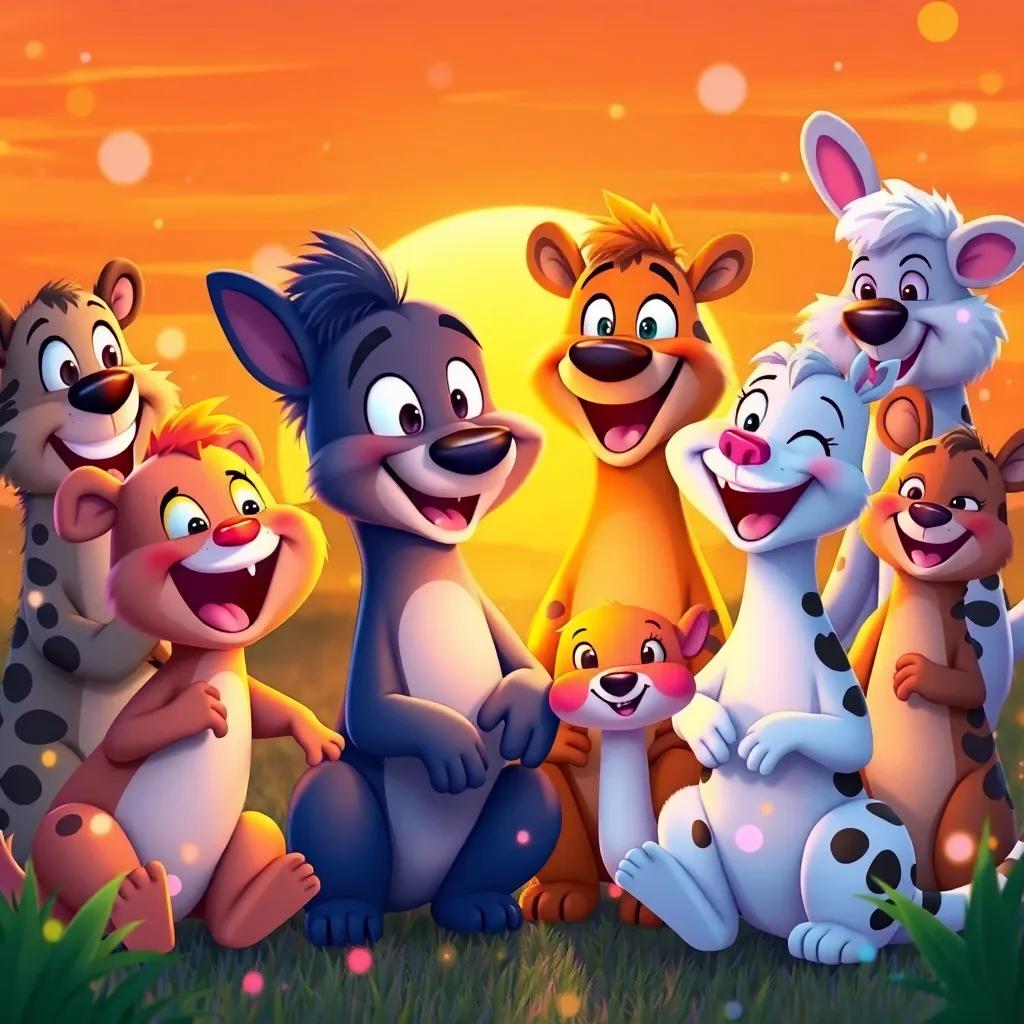 A happy group of animal friends celebrating together, colors sparkling around them, a warm sunset in the background, inviting, joyful, heartwarming, cheerful scene