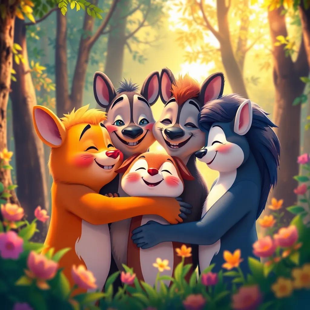A close-up illustration of animals embracing each other in the colorful forest, bright hues surrounding them, smiles all around, vibrant, warm light, heartwarming atmosphere