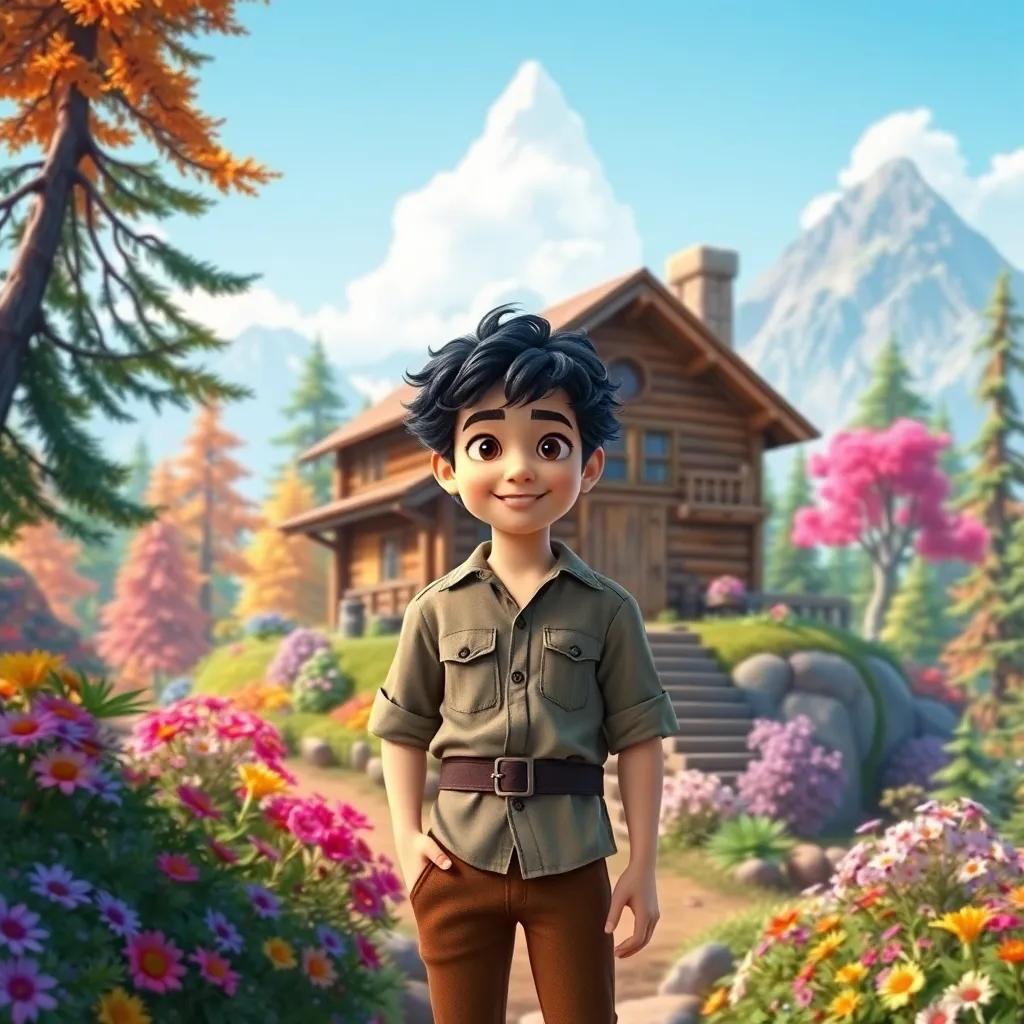 A young shepherd, Pastorcito, with curly dark hair wearing a simple shirt and brown trousers, standing in front of a cozy cabin on a mountain top, surrounded by a magical forest full of colorful flowers and vibrant trees, bright day, cheerful atmosphere, digital art, vivid colors, inviting scene, high quality
