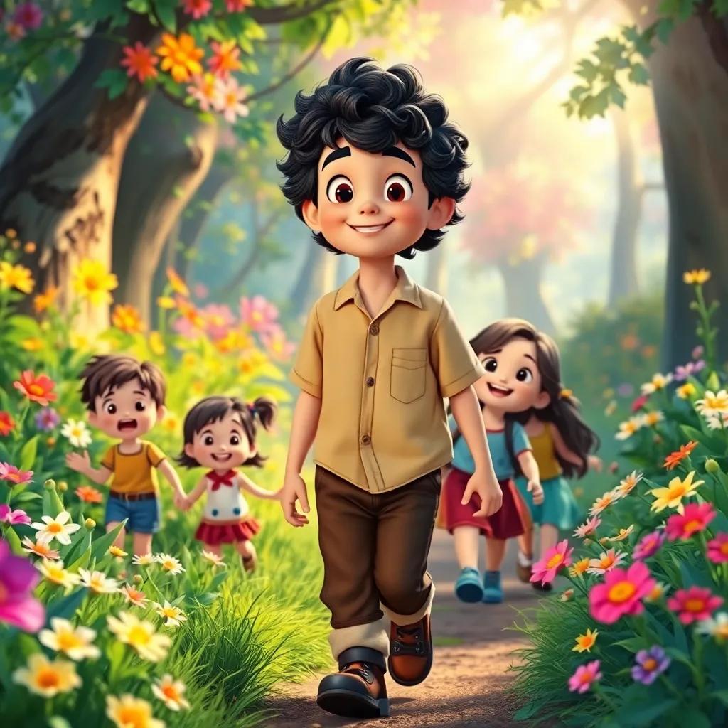 Pastorcito, a young shepherd with curly dark hair, wearing a simple shirt and brown trousers, walking with a group of excited children through the colorful forest, vibrant flowers blooming all around them, sunlight filtering through the leaves, joyful mood, illustration, magical nature, child-friendly
