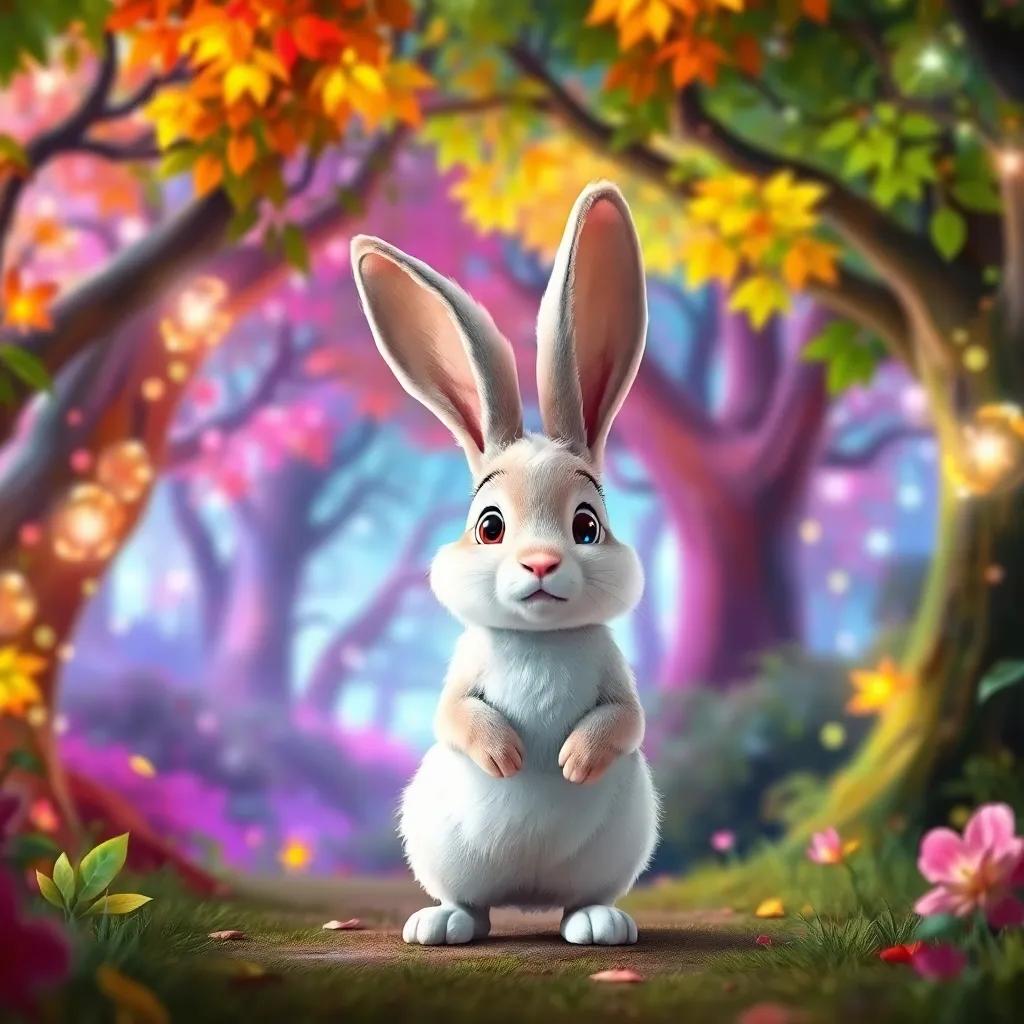 A curious rabbit named Tito, with long soft ears and fluffy white fur, standing at the entrance of a vibrant enchanted forest filled with colorful trees and sparkling leaves, digital art, bright colors, fairy-tale atmosphere, engaging view, high quality