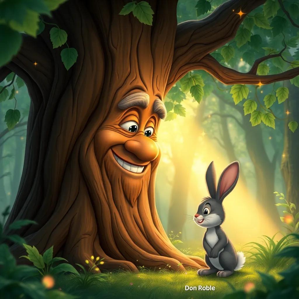 A large old tree named Don Roble, with a warm face and wise smile, speaking to Tito the rabbit in the enchanted forest, surrounded by shimmering leaves, detail-oriented illustration, friendly and magical, warm light, child-friendly perspective, high quality