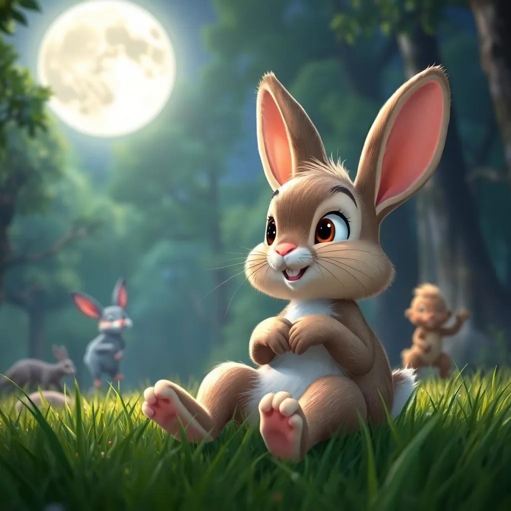 Tito the rabbit sitting on the grass, listening with wide eyes to Don Roble's captivating story about dancing animals under the full moon, enchanting forest background, storytelling vibe, bright digital art, joyful colors, engaging character expression, high quality