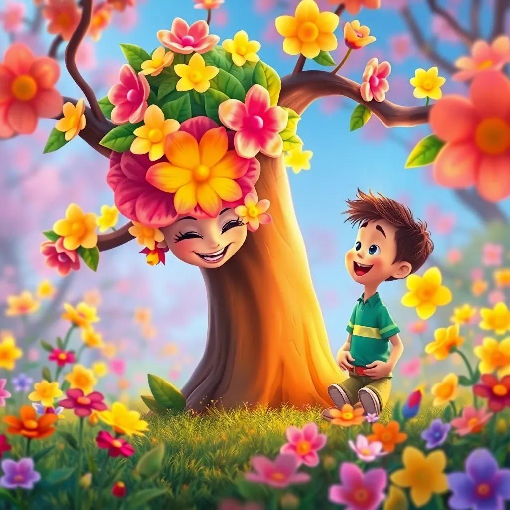 Miss Flower, a vibrant flowering tree, happily sharing tales of spring with Tito who listens with amazement, blooming flowers in bright colors around them, whimsical illustration, lively and enchanting, inviting ambiance, high quality