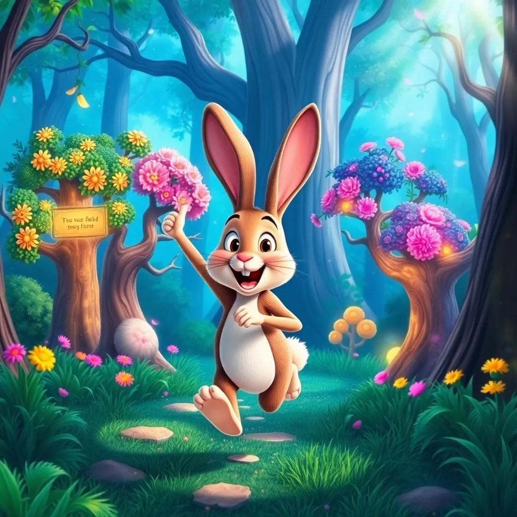 Tito the rabbit joyfully hopping around in the enchanted forest, greeting different trees while they tell their fascinating stories, colorful and magical forest view, bright and cheerful illustration, engaging atmosphere, high quality