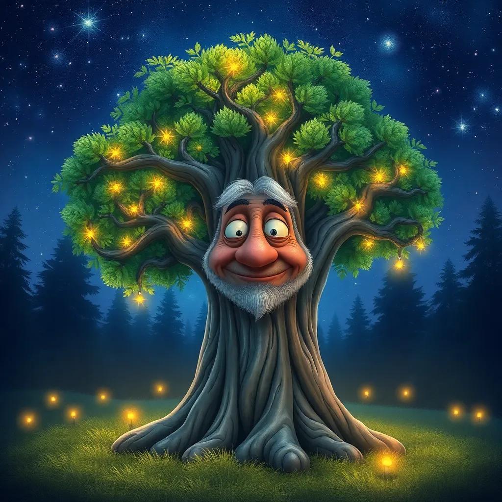 An elderly tree named Grandpa Tree with a wise and kind face, gathering all the stories of the enchanted forest together under a starlit sky, warm glow from its leaves, immersive illustration, magical and inviting, high quality
