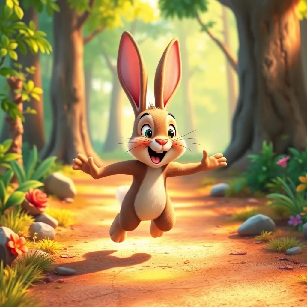 Tito the rabbit running happily back home on a bright path, filled with excitement to share his enchanting adventure with his friends, vibrant forest background, cheerful atmosphere, bright digital art, heartwarming scene, high quality