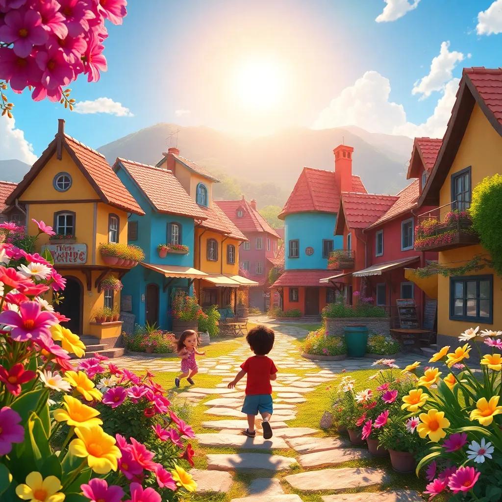 In a colorful village with blooming flowers, children playing, the sun shining bright, the scene captures a sense of adventure and mystery, digital art, vibrant colors, cheerful atmosphere, high quality