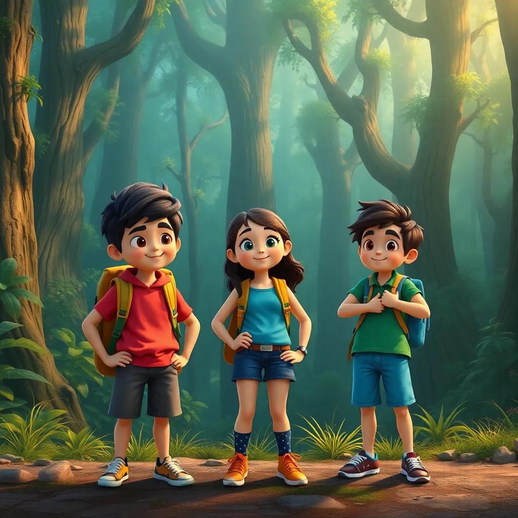 Three brave friends, Santiago, Ana, and Luis, standing at the edge of a mystical forest, looking curious and excited, dressed in casual, colorful clothes, with backpacks, the forest dense and enchanting, digital illustration, playful, adventurous, bright colors