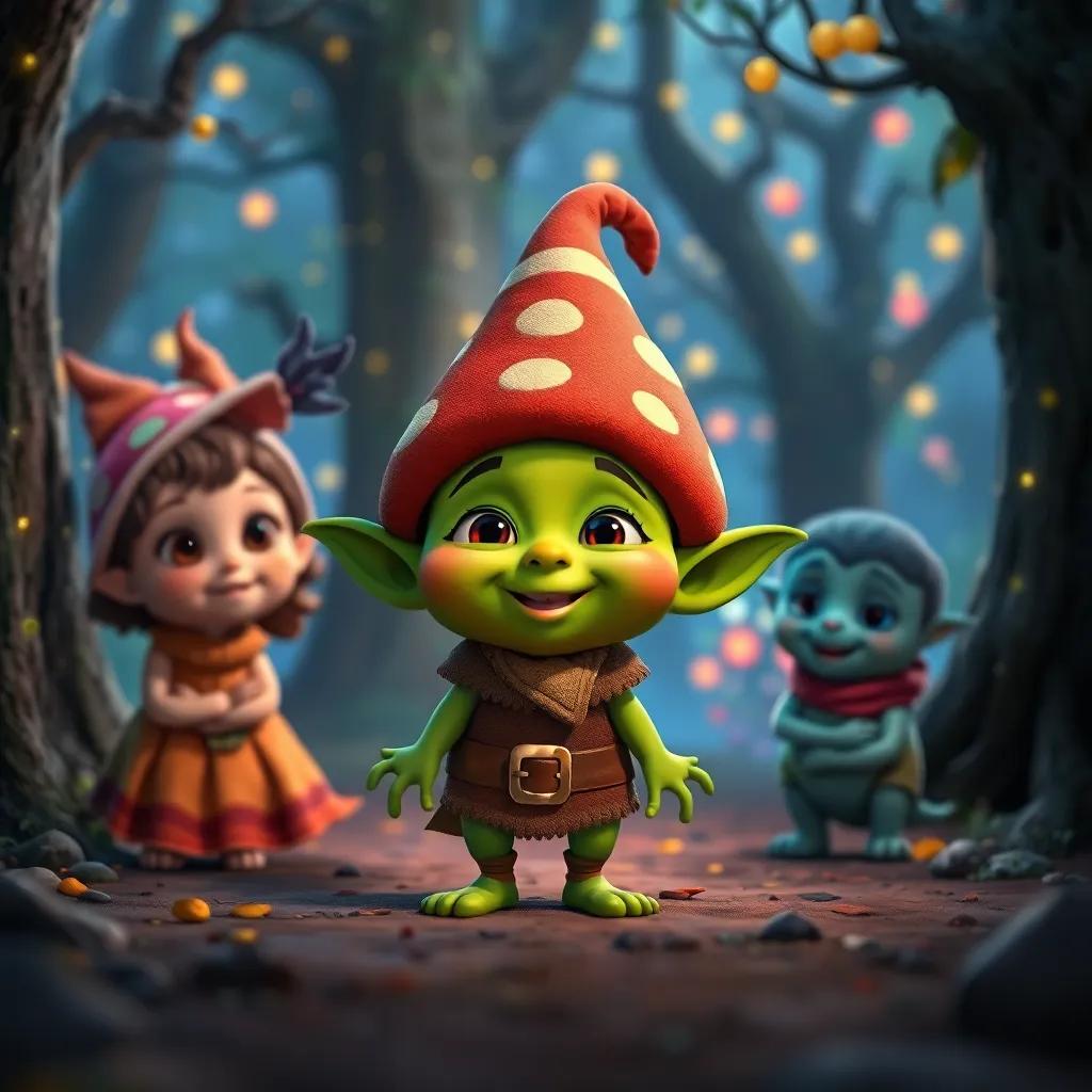 A small green-skinned goblin named Gimo, wearing a tiny green hat, appearing before the three friends, in a magical forest filled with sparkling lights and whimsical trees, cheerful expression, fantasy style, colorful, detailed, inviting scene