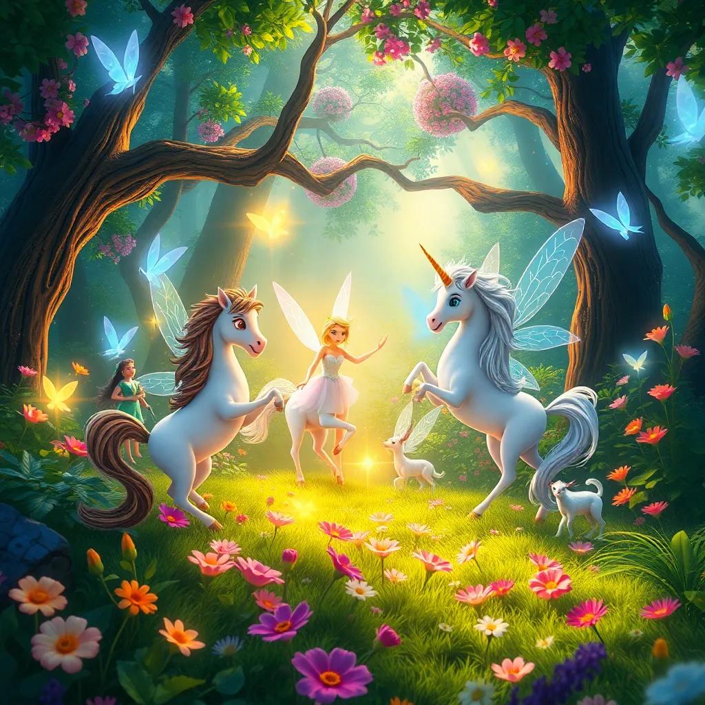 A scene of magical creatures like fairies and unicorns in a vibrant, enchanting forest, dancing and playing together, glowing with light, surrounded by flowers and lush greenery, fantasy art, bright and joyful, high quality