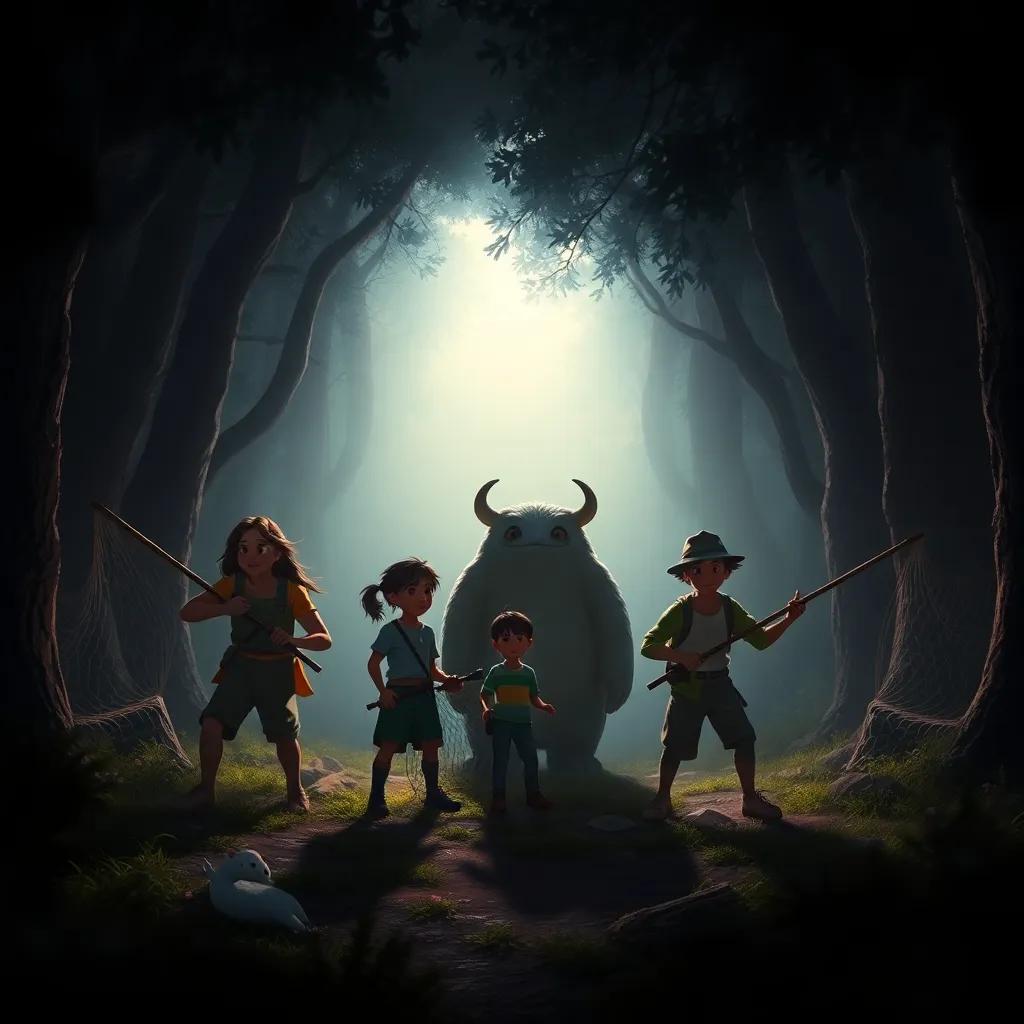 A tense moment with the hunters approaching, armed with nets in a darkened part of the forest, the three friends and Gimo preparing to protect the magical creatures, showcasing bravery, dramatic light, shadowy atmosphere, action-packed art