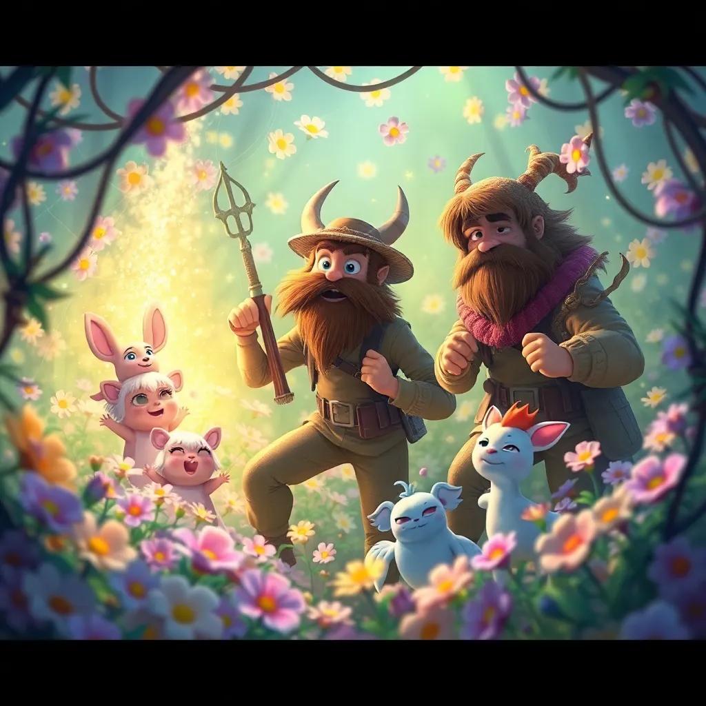 The hunters trapped and confused in a web of flowers and light, magical creatures peeking from hiding spots, showing unity and friendship among the characters, bright and lively colors, cheerful setting