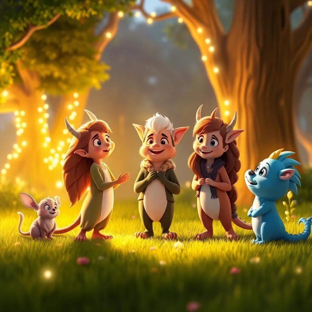 A heartwarming moment of celebration as the magical creatures thank the three friends, in a beautifully lit clearing, surrounded by trees and twinkling lights, joy and gratitude evident, digital art, warm and bright colors, inviting atmosphere