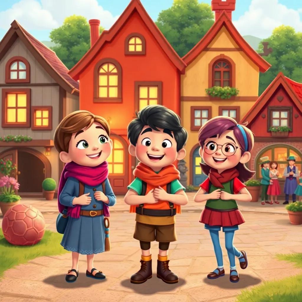 The three friends back in the village, sharing their magical experience with others, the village now buzzing with joy, colorful houses and happy people, cheerful and engaging atmosphere, high quality illustration