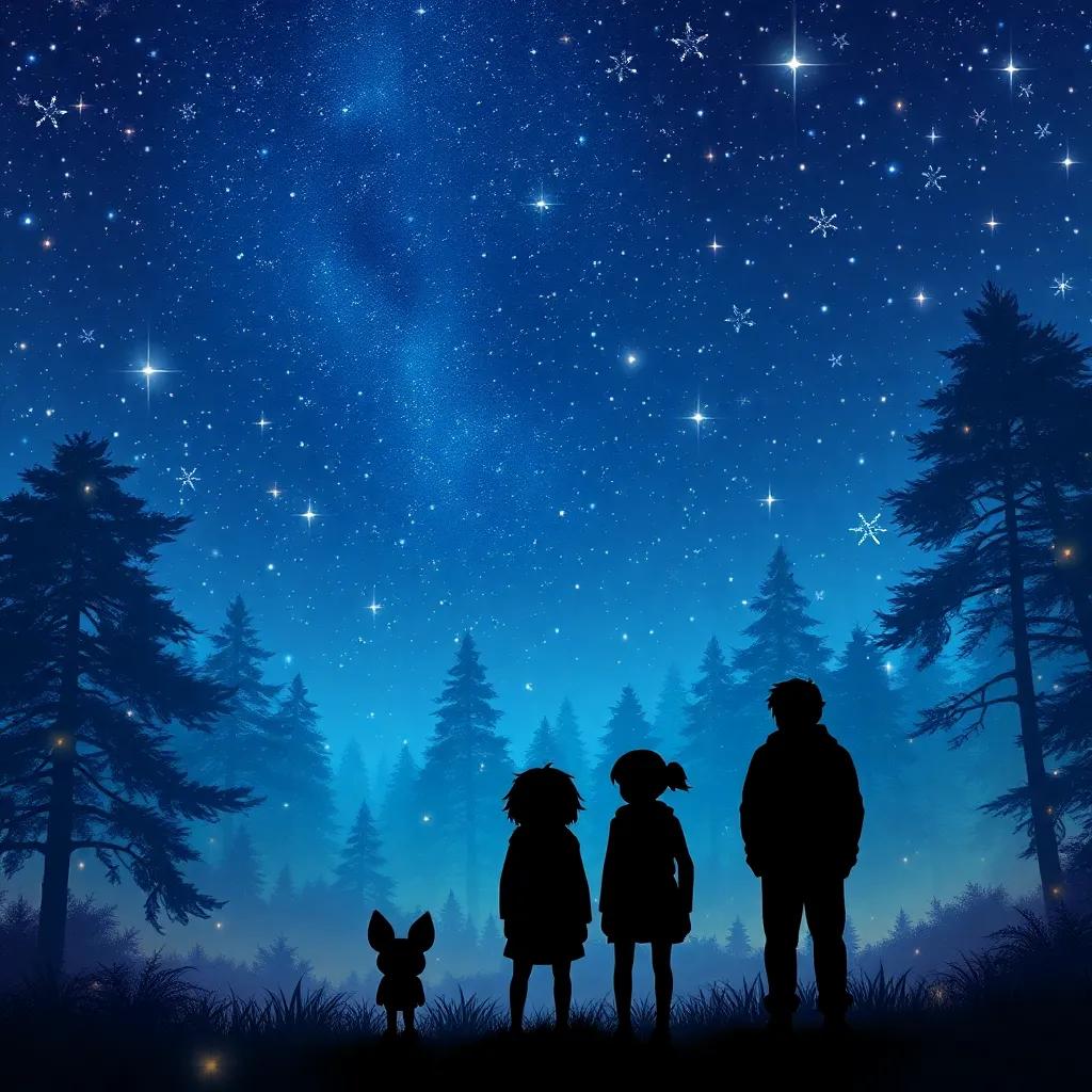 A twinkling night scene of the magical forest under the stars, the silhouettes of the three friends and Gimo visible against a starlit sky, a sense of wonder and endless adventure, fantasy art, serene, enchanting atmosphere, high quality