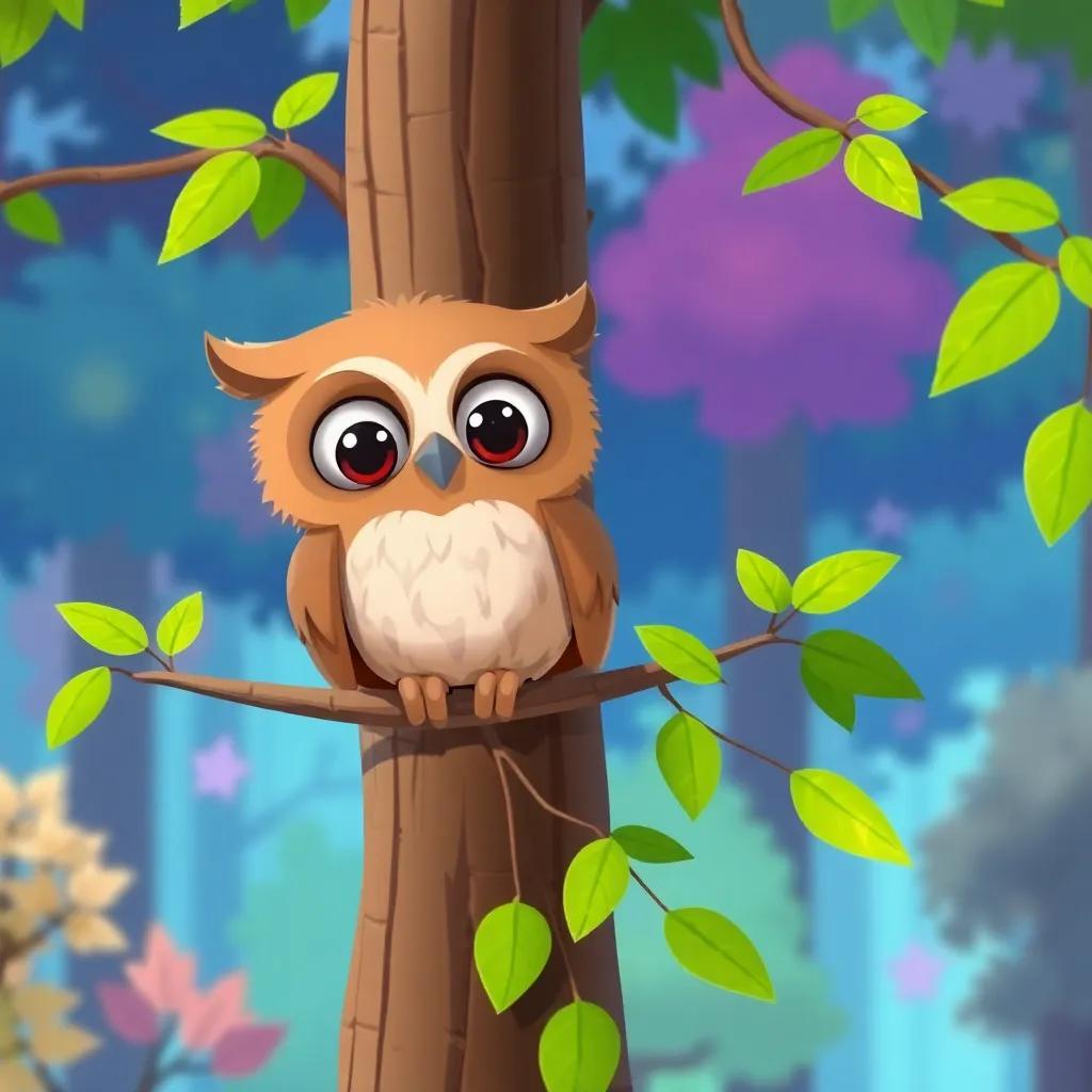 A curious owl named Oliver, a light brown owl with big round eyes, sitting on a tall tree branch with green leaves in a colorful forest, digital art, whimsical, bright colors, cheerful atmosphere, high quality