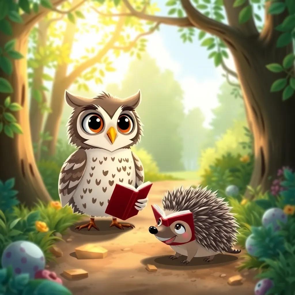 Oliver the owl and his friend Hugo, a friendly hedgehog with soft spines and a smile, searching for books in a sunny forest path, surrounded by nature, illustration, playful, adventure-themed, child-friendly