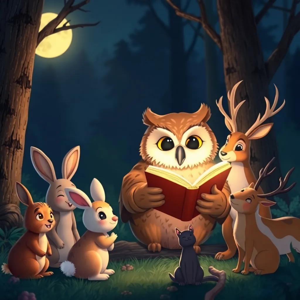 Oliver the owl happily reading aloud from a book, surrounded by forest animals like rabbits and deer, all listening intently under the moonlight, illustration, warm colors, heartwarming scene, high quality