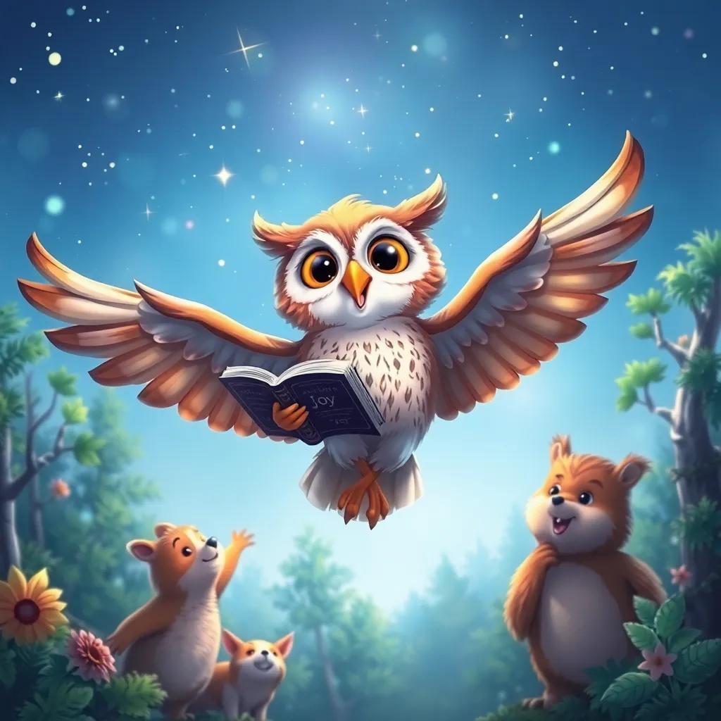 Oliver the owl flying joyfully with a book in his wings, spreading words of joy to other animals in the forest, with stars twinkling above, digital art, bright, magical, uplifting imagery, high quality
