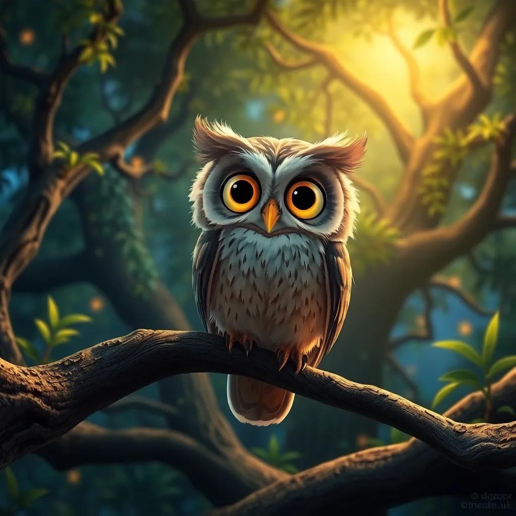 A curious owl named Óscar, with soft feathers and big, bright eyes, perched on a branch of an old tree in a lush forest, night scene, digital art, vibrant colors, warm light, inviting atmosphere, high quality