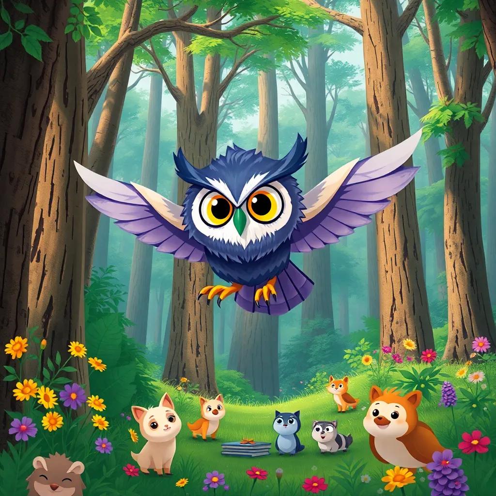 Óscar the owl flying through a green forest, with tall trees around and colorful flowers, searching for books, friendly animals watching from below, cheerful, illustration, child-friendly, high quality