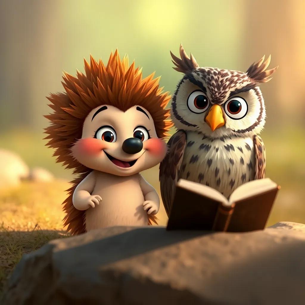 A friendly hedgehog named Héctor, with spiky brown fur and a big smile, standing beside Óscar the owl, excitedly looking at a hidden old book behind a rock, soft lighting, warm colors, engaging, high quality