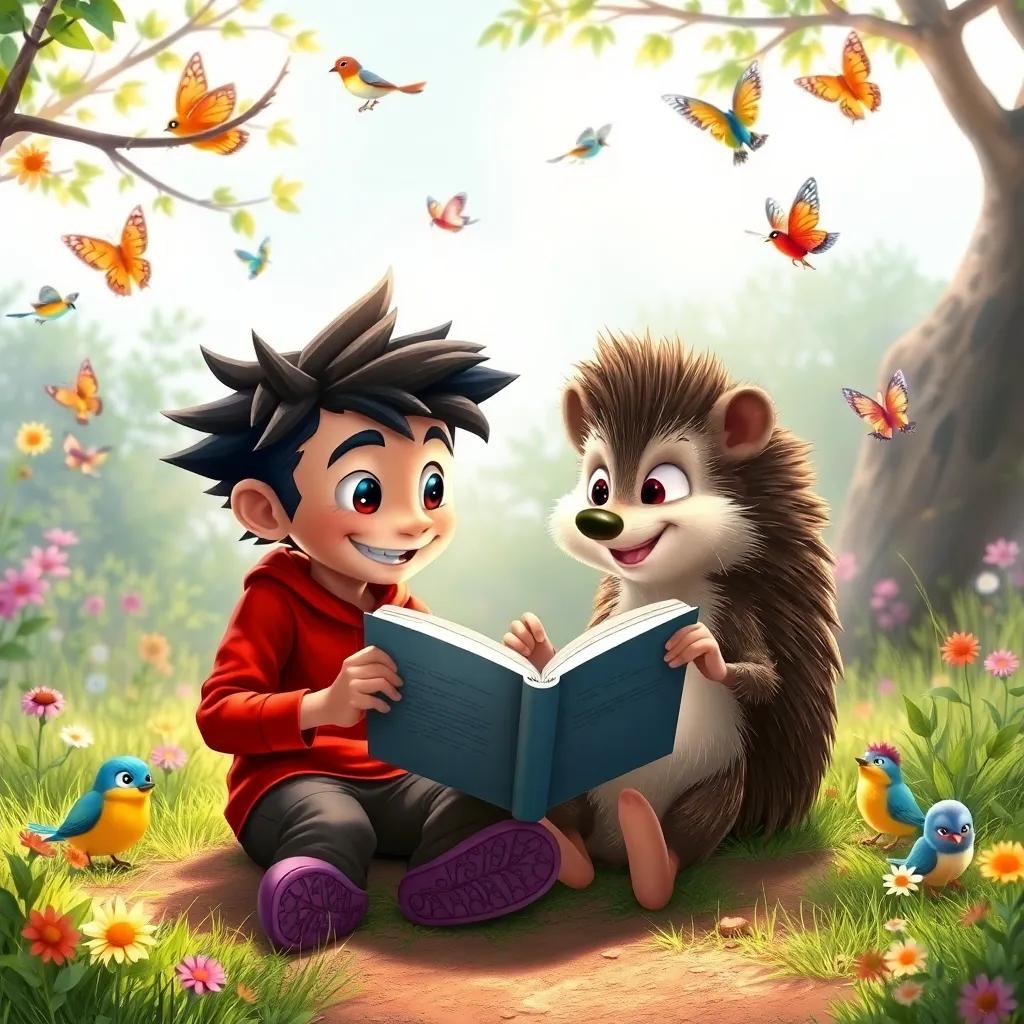 Óscar reading a storybook with Héctor the hedgehog beside him, both sitting on the ground surrounded by the beauty of nature, colorful birds and butterflies fluttering around, joyful atmosphere, detailed illustration, high quality