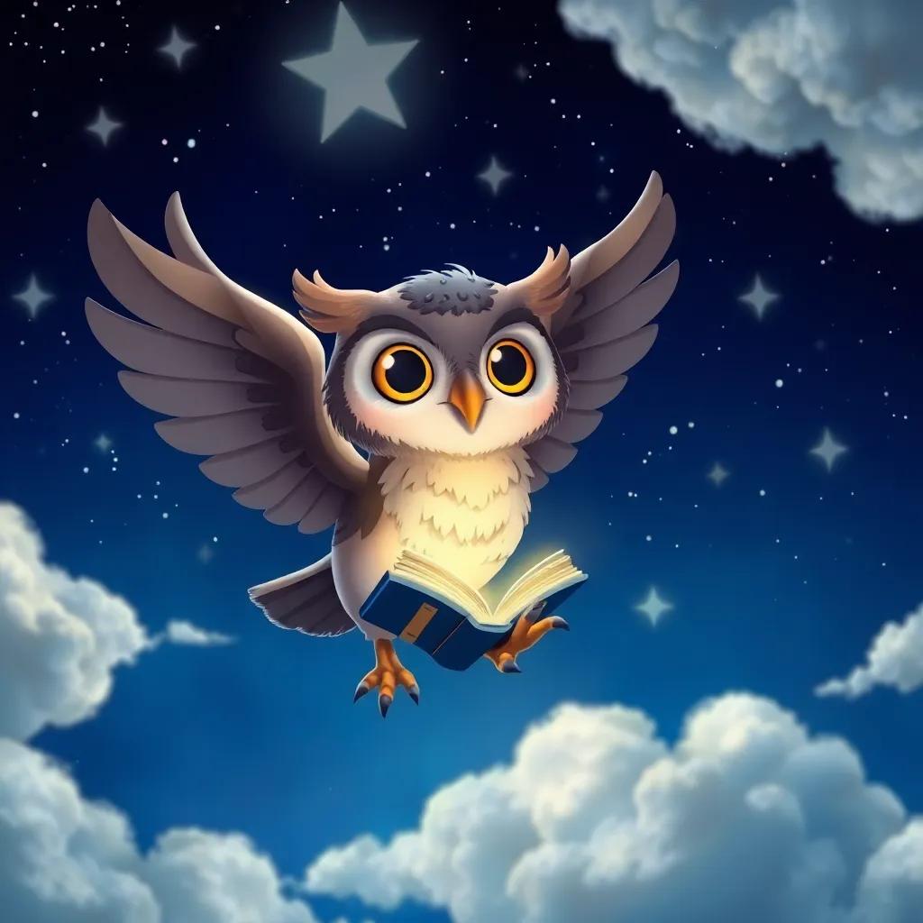 Óscar, the owl, with a content smile, flying through the starry night sky, holding a glowing book under his wing, with dreamy clouds floating by, magical scene, bright colors, enchanting atmosphere, high quality