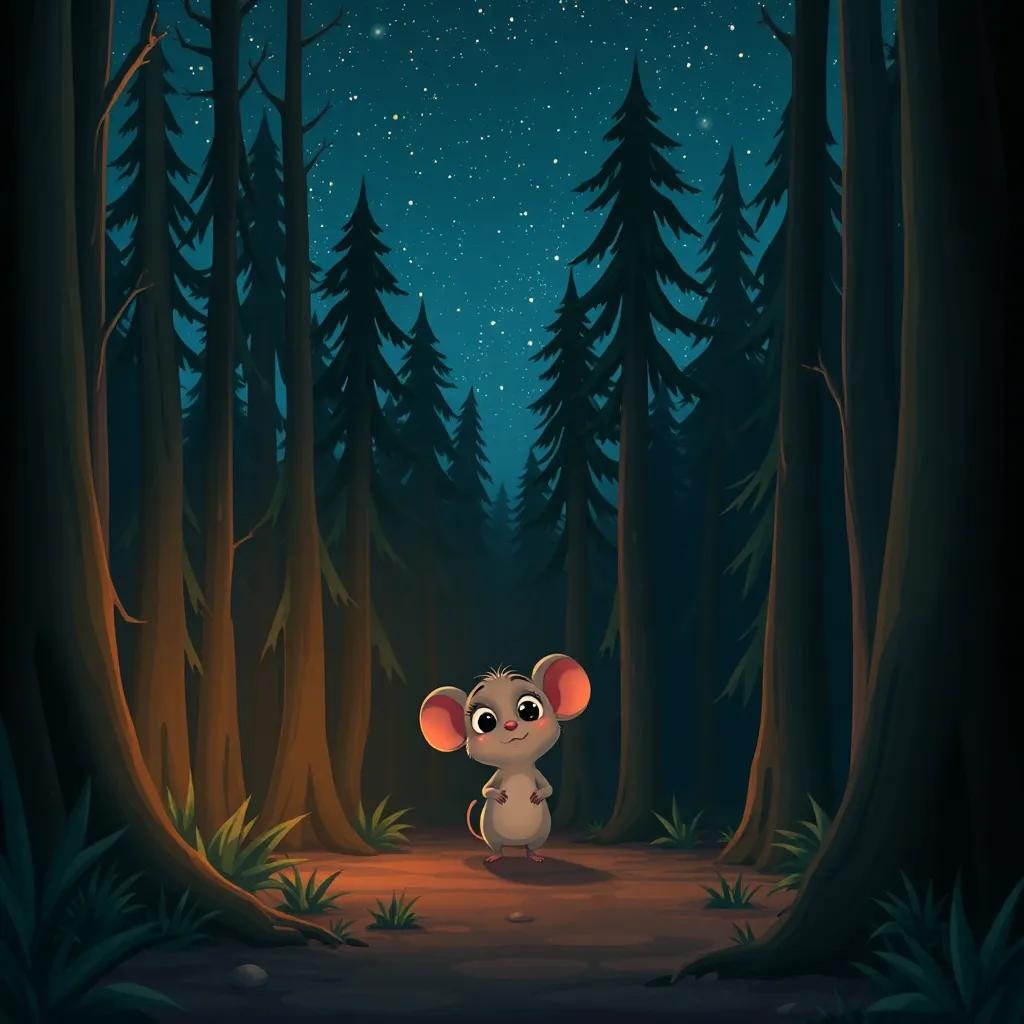 A dark forest at night with a little frightened mouse looking around with big eyes, surrounded by tall trees and a starry sky, illustration, warm colors, inviting atmosphere, enchanting view, high quality