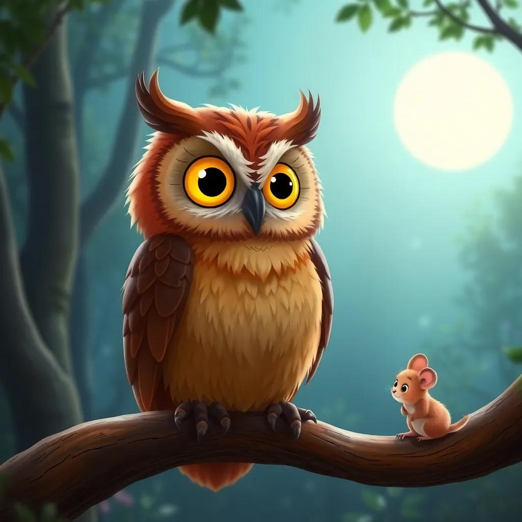 An old wise owl perched on a branch, with brown feathers and bright yellow eyes, smiling gently at the little mouse, in a peaceful forest setting, digital art, soft moonlight, magical, child-friendly