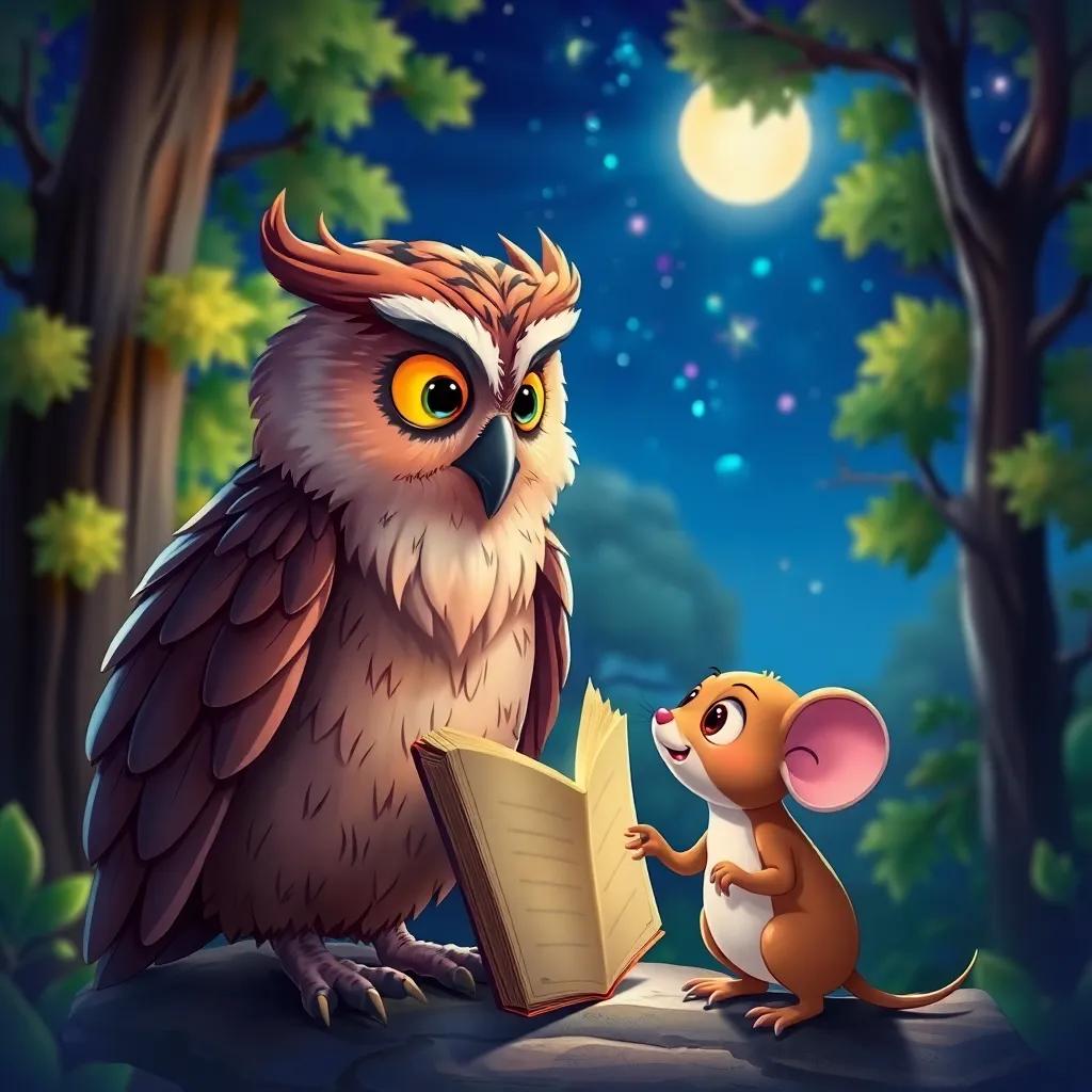 The wise owl telling a story to the little mouse, both characters looking engaged and thoughtful, with a colorful backdrop of trees and night sky, illustration, vibrant colors, fantasy scene, high quality