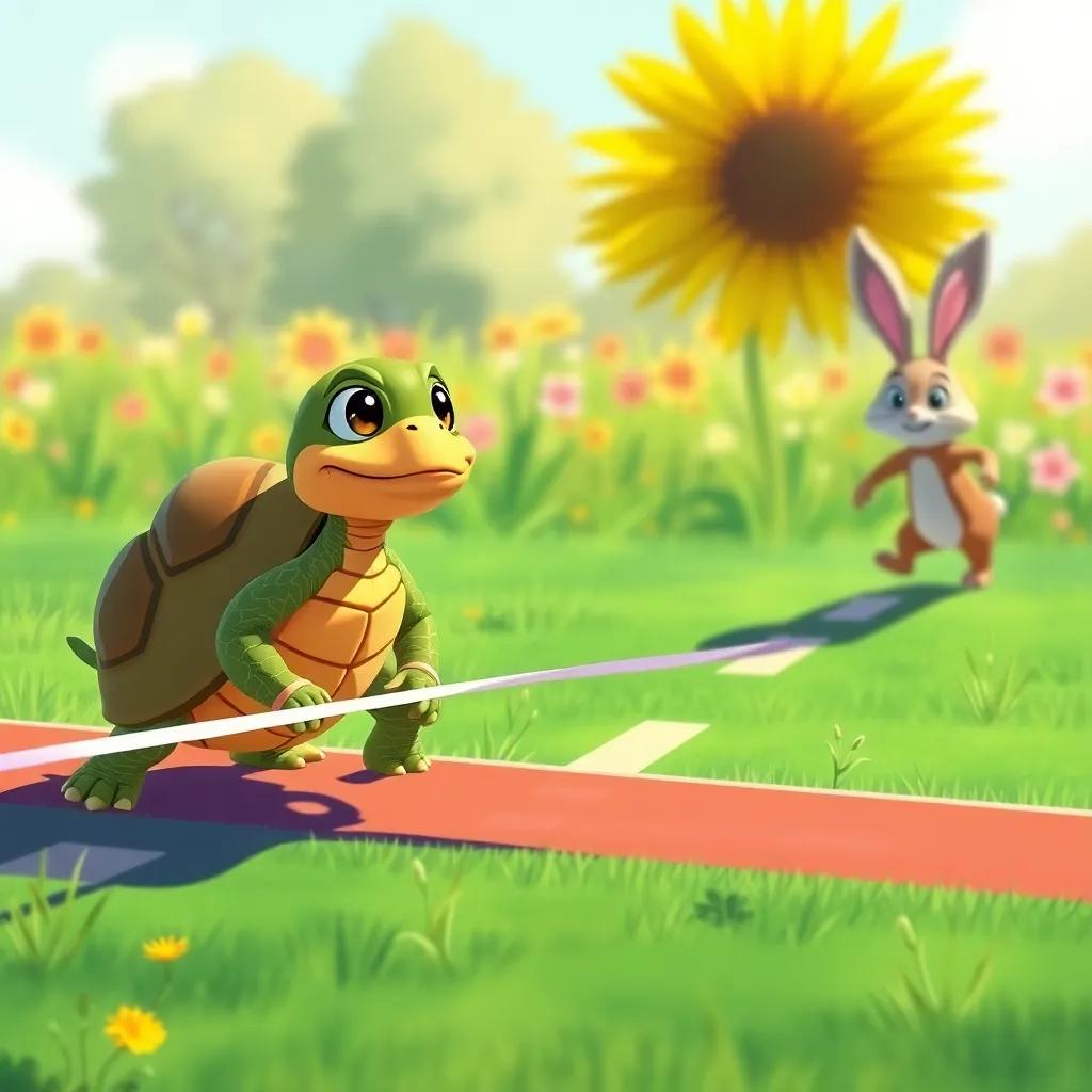 A brave turtle slowly crossing a finish line with determination, while a fast rabbit is surprised in the background, set in a sunny meadow, digital painting, cheerful colors, uplifting, inspirational