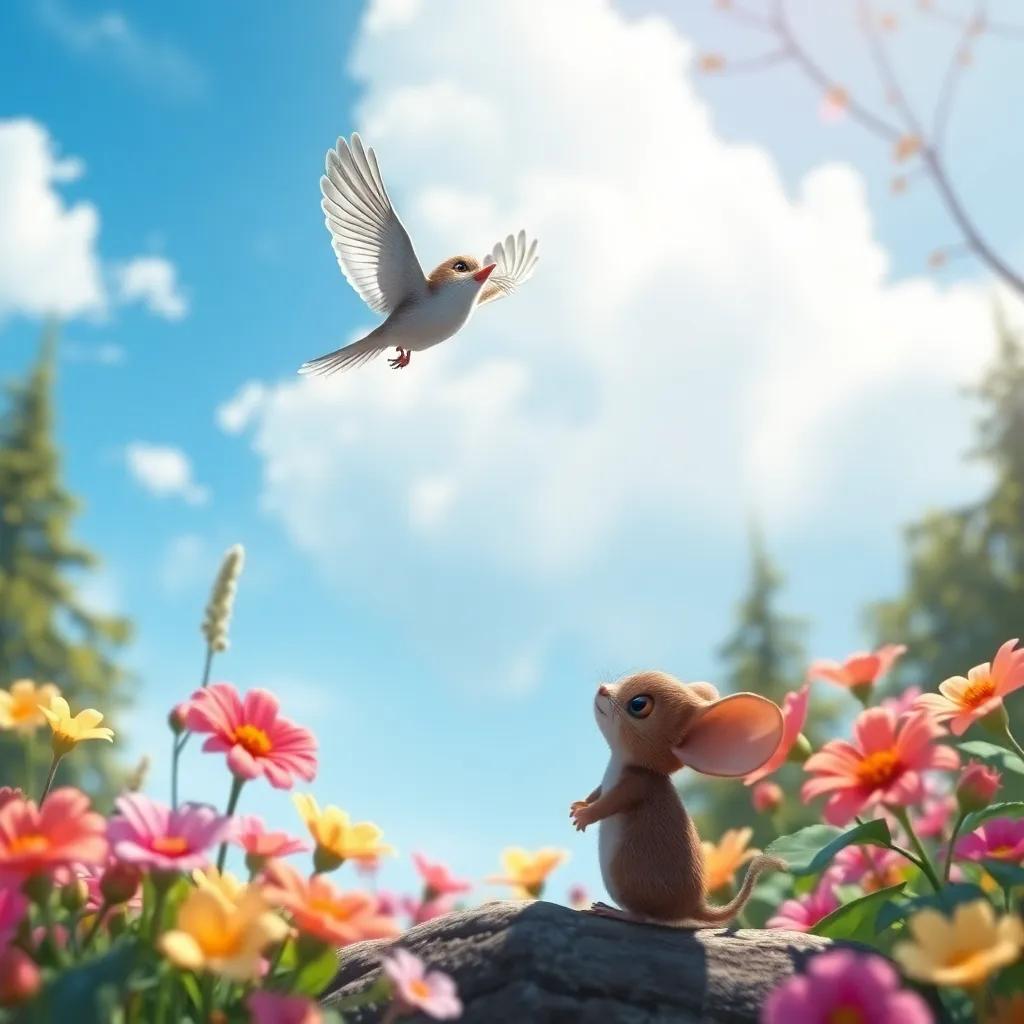 A little bird soaring high in the blue sky, the mouse watching in awe from below, surrounded by beautiful flowers and trees, digital art, bright and lively, wonder-filled atmosphere, high quality