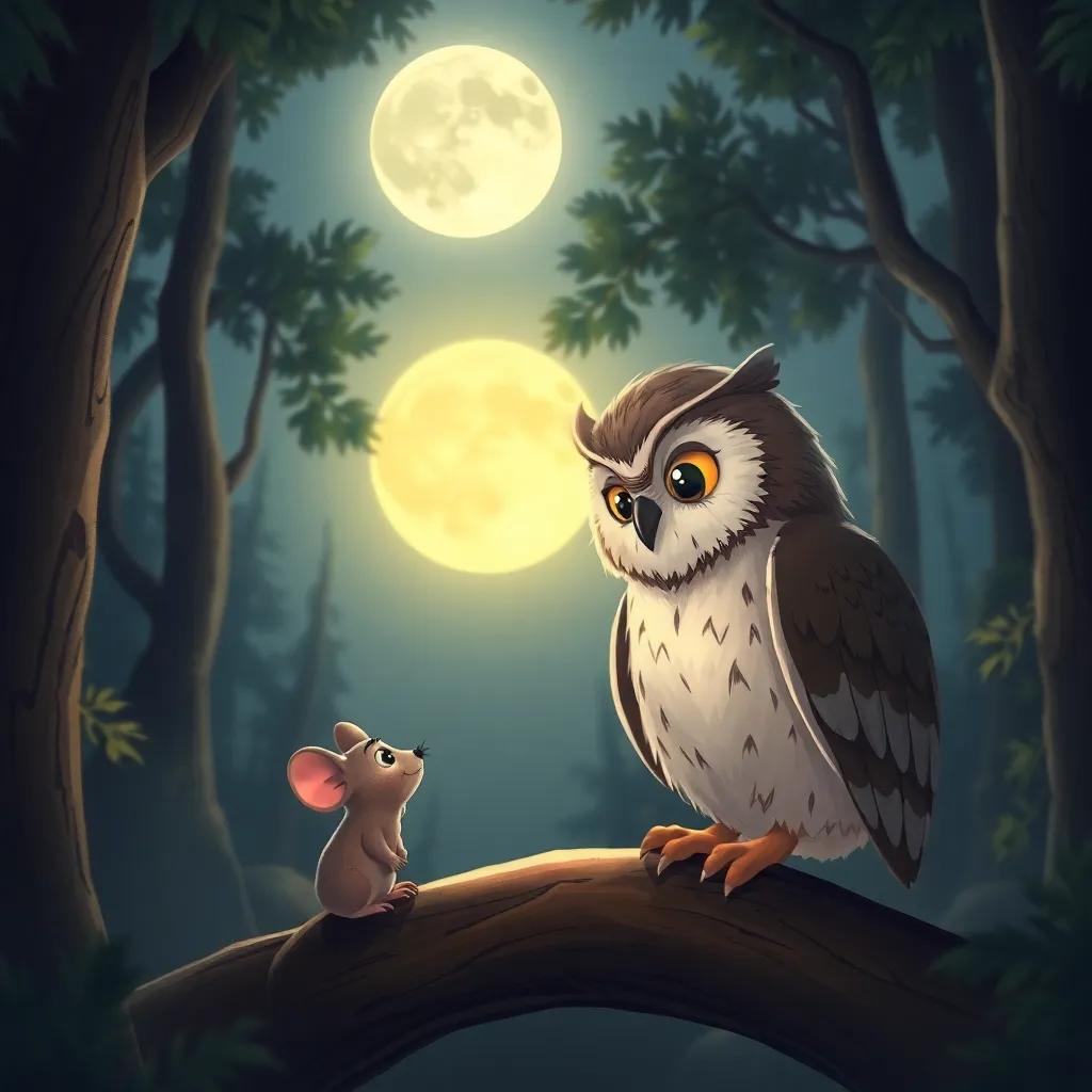 The wise owl giving advice to the little mouse under a glowing moon, the forest surrounding them, soft light creating a warm ambiance, illustration, heartfelt scene, high quality