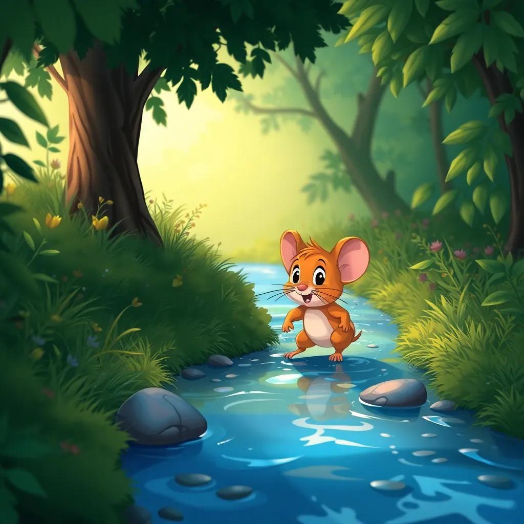 The little mouse following the sound of a river, with a determined look, discovering his way through the bushes and trees, illustration, exciting colors, adventure scene, high quality