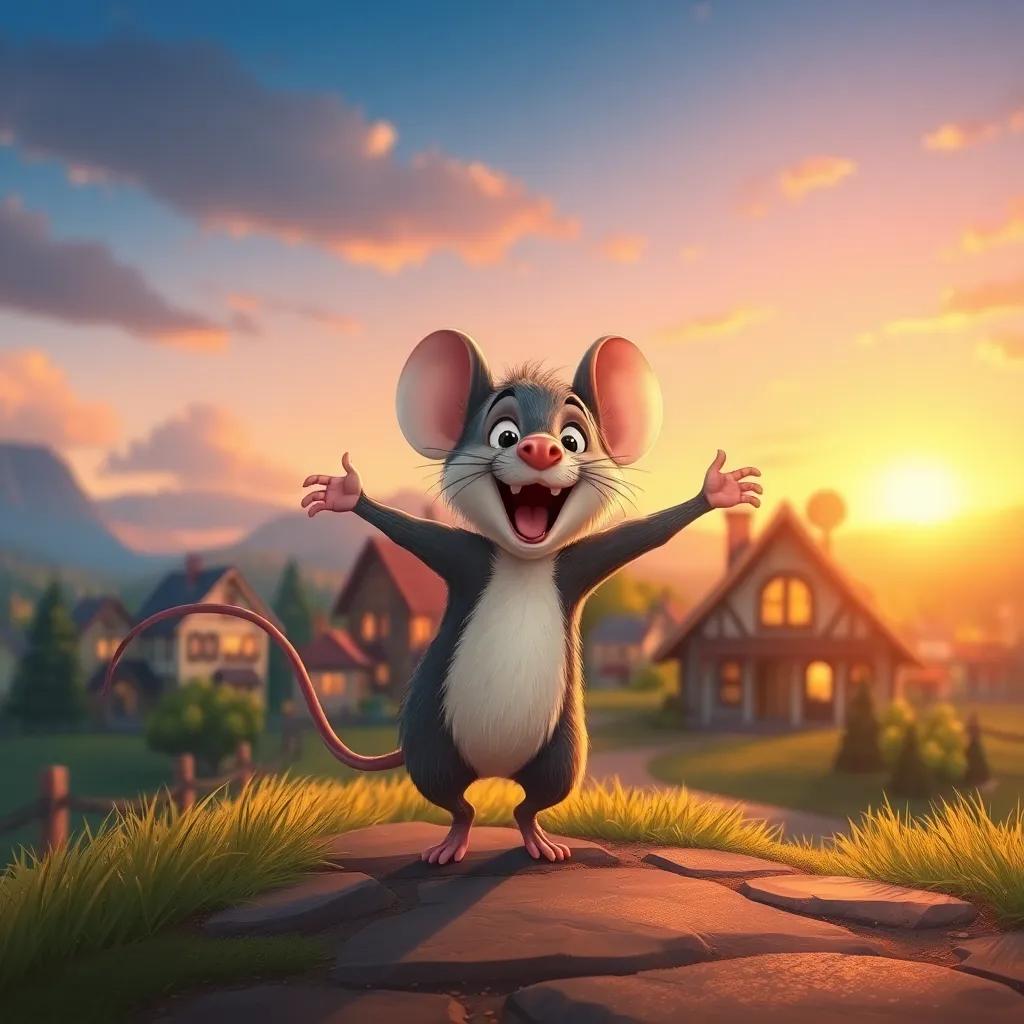 The little mouse finally reaching home, looking joyful and proud, with a friendly village backdrop, at sunset, illustration, warm colors, triumphant atmosphere, inviting view, high quality