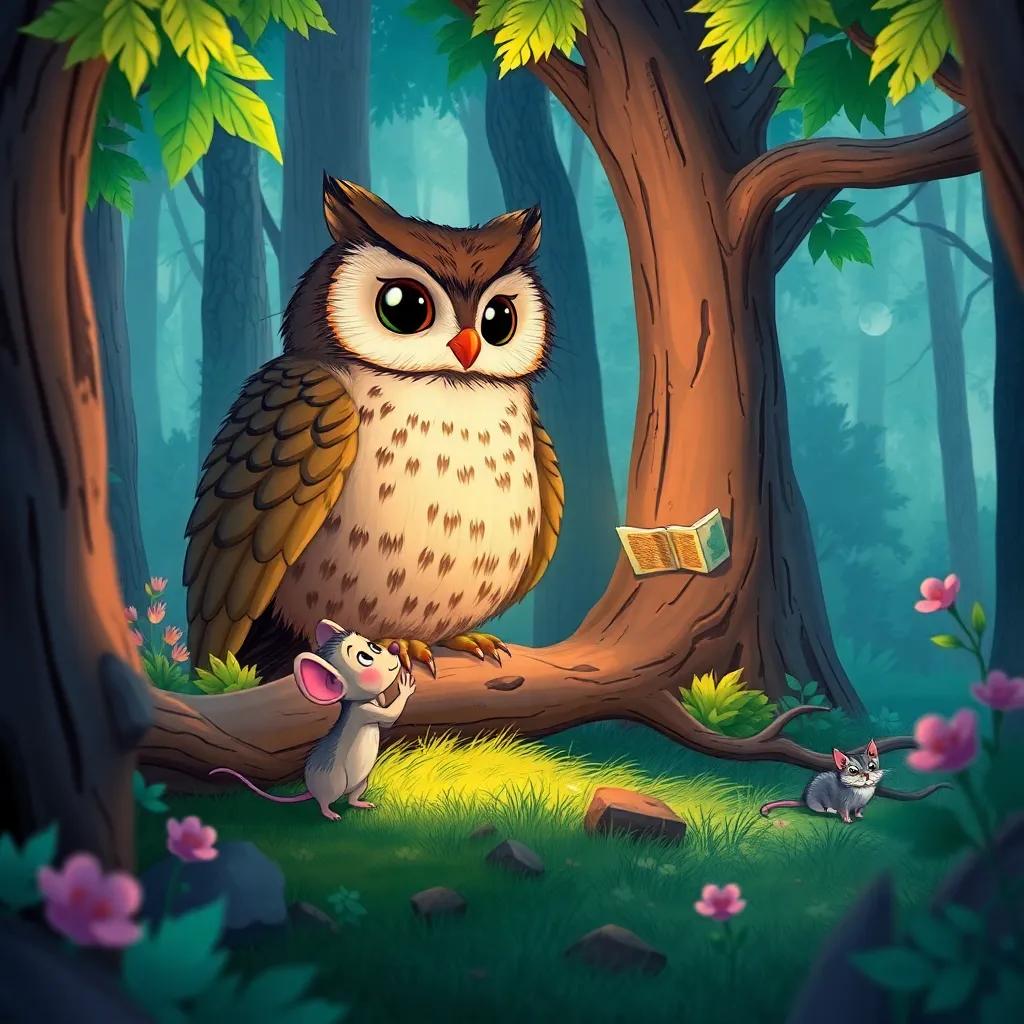The little mouse remembering the wise owl's stories, illustrated as different scenes of courage and adventure in the forest, colorful and engaging, digital art, rich colors, narrative view, high quality