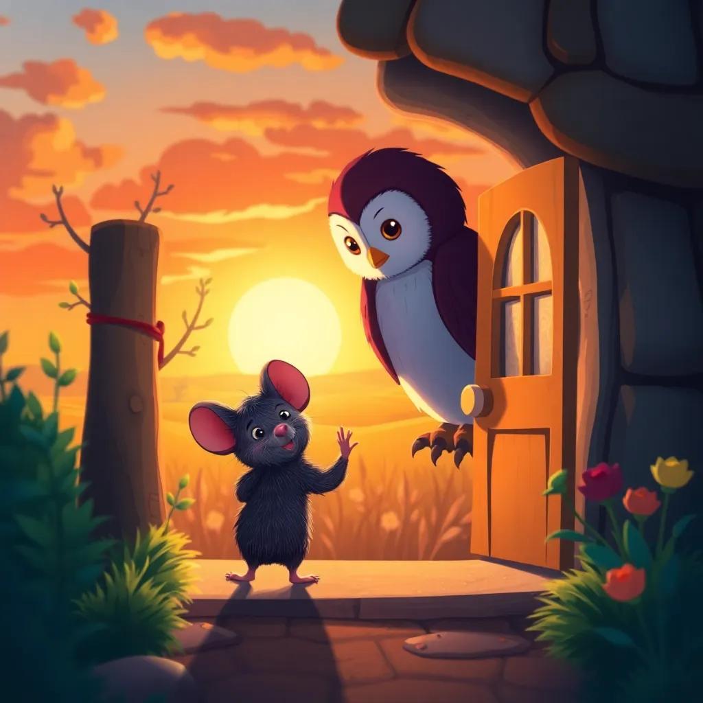 The little mouse looking back at the wise owl from the entrance of his cozy home, smiling and waving, with a heartwarming sunset in the background, illustration, warm and happy atmosphere, high quality