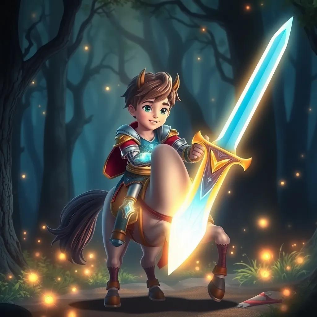 Un joven caballero en entrenamiento, con armadura brillante y una espada de cristal, en un bosque oscuro y mágico, rodeado de luces brillantes, ilustración mágica, colores vibrantes, atmósfera mágica, alta calidad