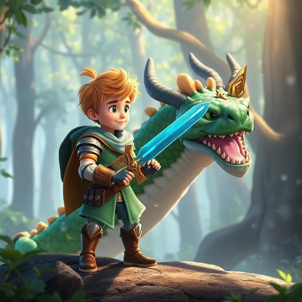 Un joven caballero, con armadura y espada de cristal, encontrándose con un dragón de escamas verdes, en un claro del bosque, ilustración infantil, colores brillantes, atmósfera de aventura, alta calidad