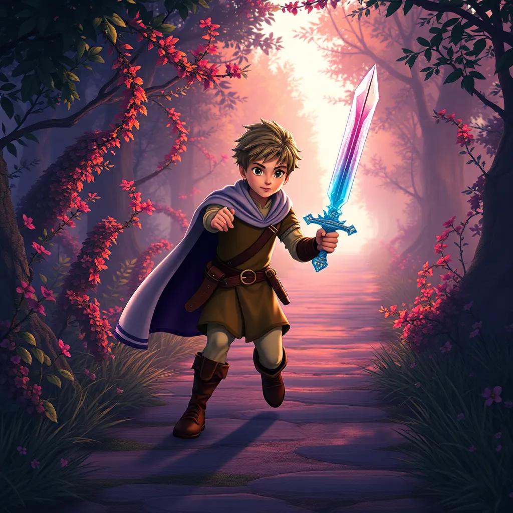 El joven caballero con su espada de cristal, rodeado de arbustos mágicos y sombras, evadiendo trampas en un camino, ilustración colorida, mágica, alta calidad, perspectiva emocionante