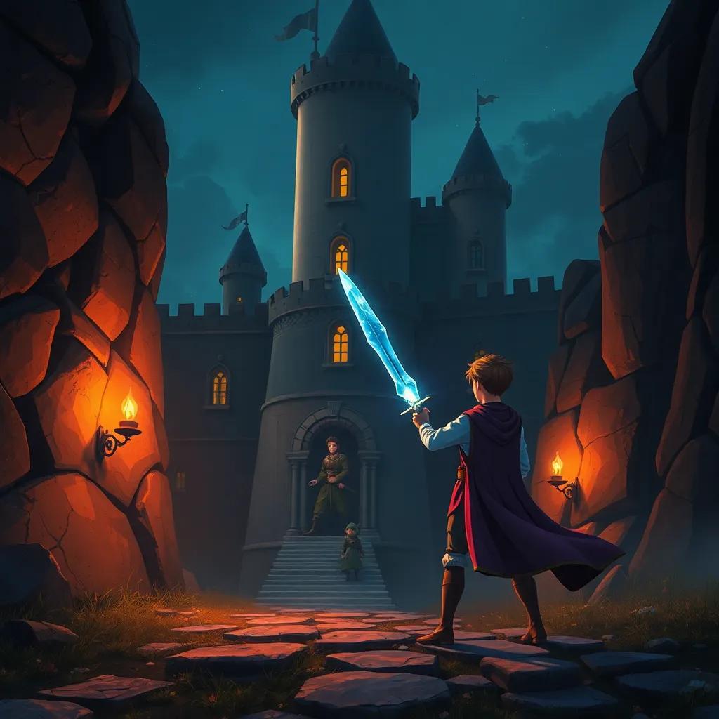 Un castillo oscuro en una colina, con un hechicero malvado en la entrada, mientras el joven caballero se acerca con su espada de cristal brillando, ilustración épica, tonos oscuros con un resplandor mágico, alta calidad