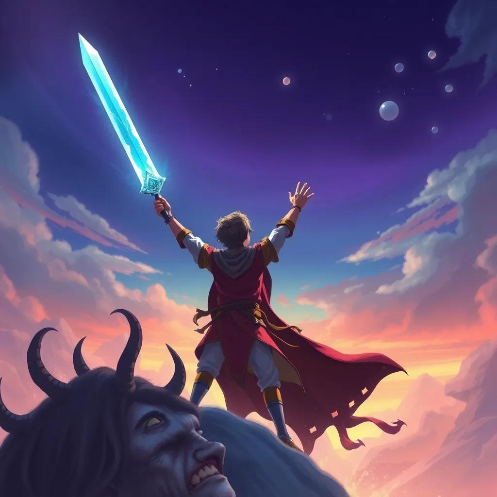 El joven caballero levantando su espada de cristal hacia el cielo, mientras el hechicero malvado retrocede asustado, en una escena llena de magia y poder, ilustración vibrante, colores dinámicos, atmósfera emocionante, alta calidad