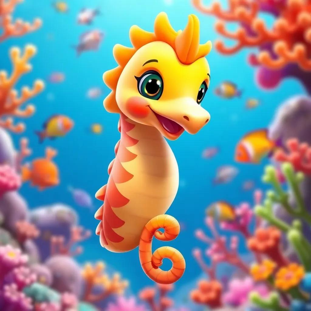 A seahorse named Sam, with bright colors and a friendly smile, swimming happily in a vibrant blue ocean filled with corals and colorful fish, digital art, cheerful atmosphere, warm colors, high quality