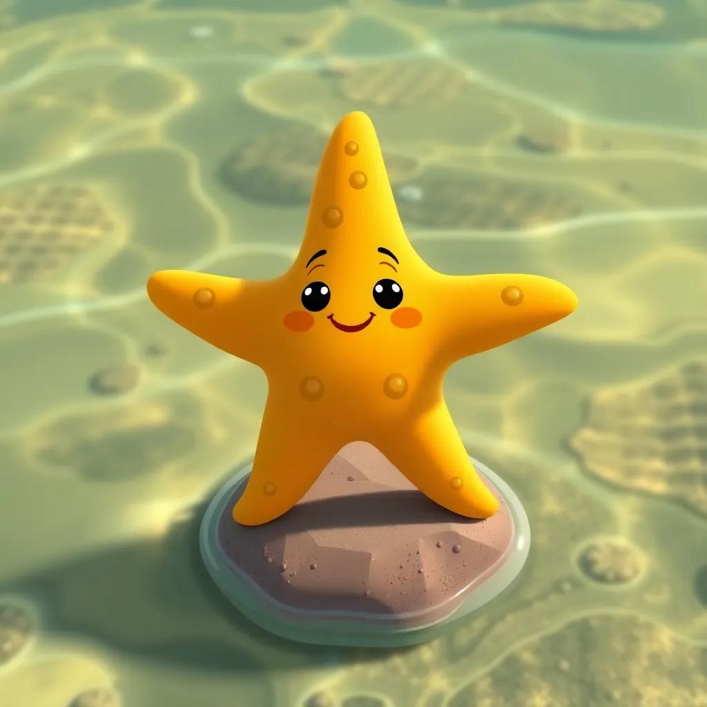 A starfish named Sofía, with five smiling arms and a friendly expression, stuck on a little rock in clear water, with the ocean floor in the background, illustration, warm light, child-friendly, high quality
