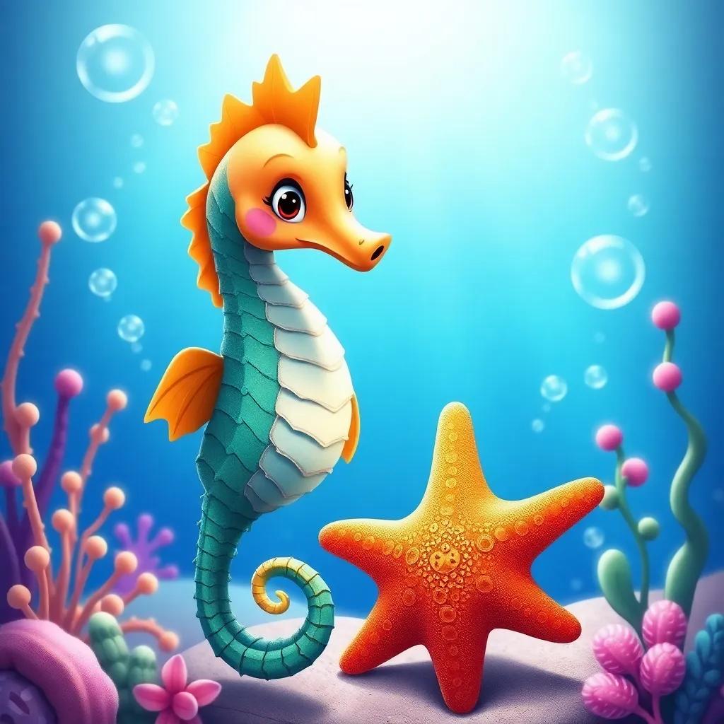 Sam the seahorse and Sofía the starfish, smiling and celebrating their new friendship, surrounded by bubbles and ocean plants, bright colors, happy scene, digital art, high quality