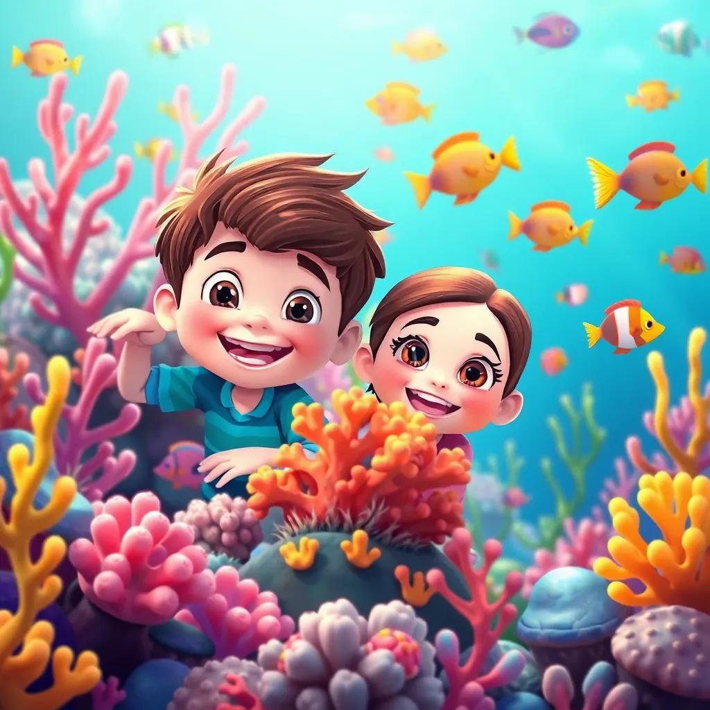 Sam and Sofía play hiding among colorful corals, joyful expressions, surrounded by vivid reef fish and swaying sea plants, playful style, colorful, bright atmosphere, high quality
