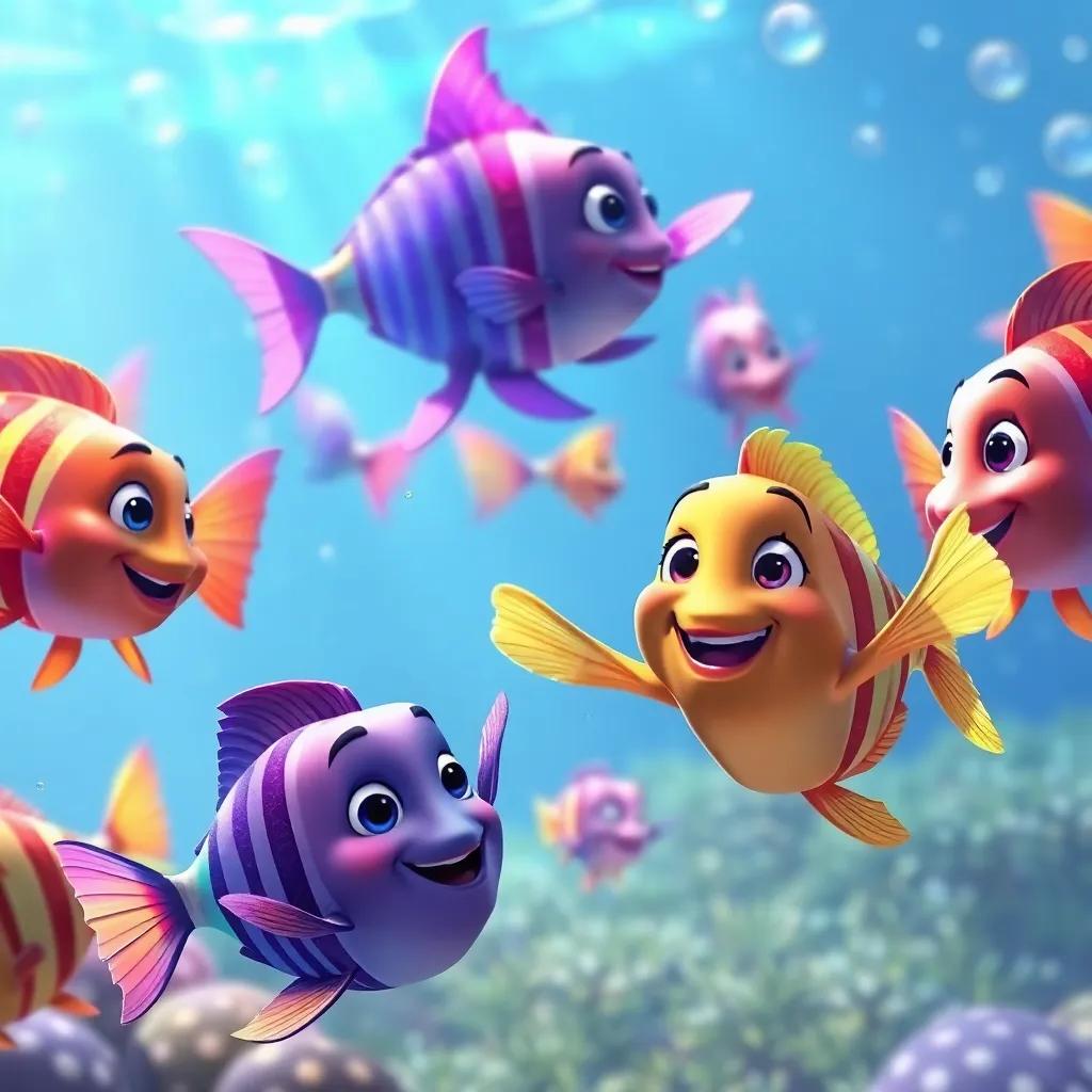 A group of rainbow fish swimming together, with Sam and Sofía joyfully joining them in a bubbly underwater dance, vibrant colors, lively scene, high quality